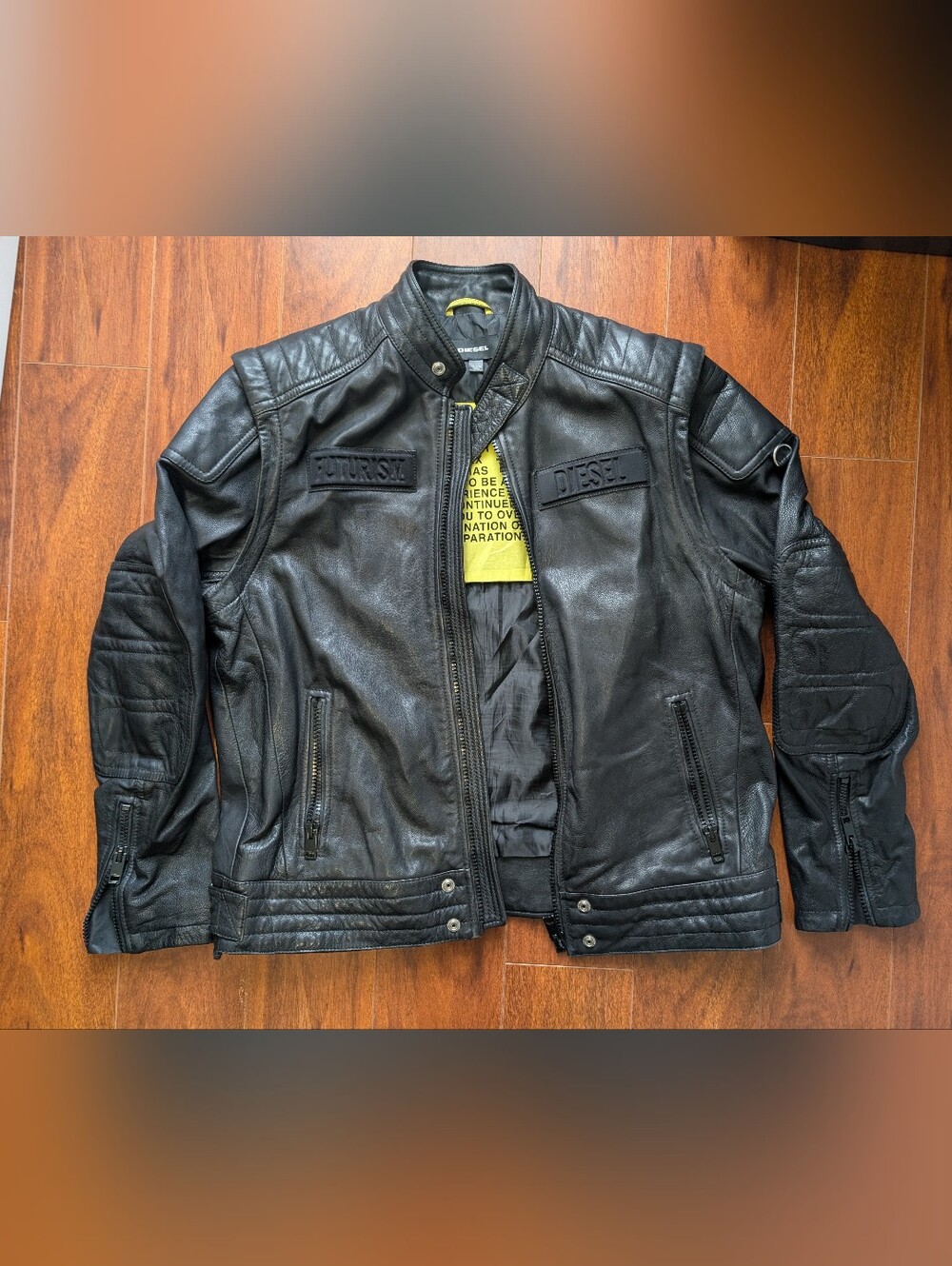Diesel Black Leather Jacket/Vest with Removable Sleeves